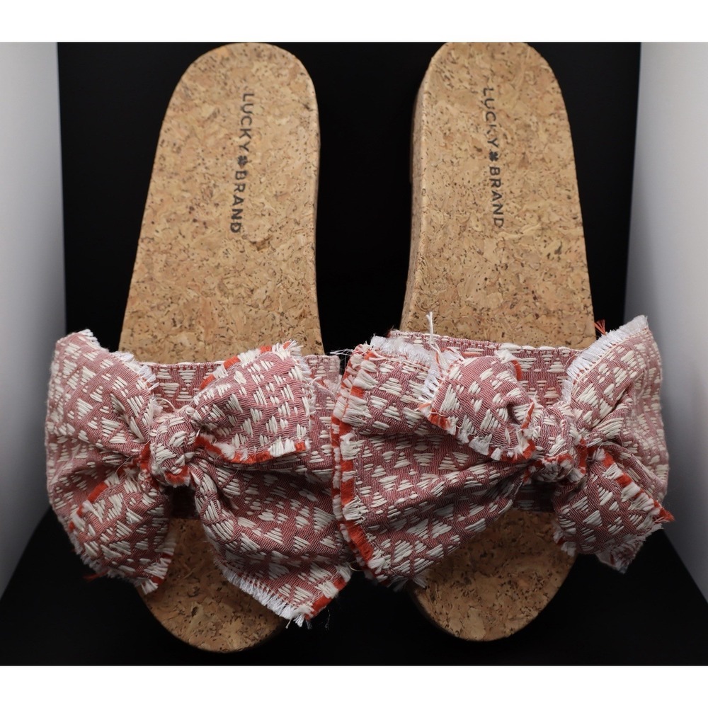 Lucky Brand Floella Slide Sandals Womens Size 8.5 Red Bow Fringed Cork